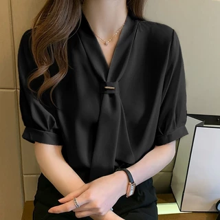 เสื้อผู้หญิง สไตล์เกาหลี แขนสั้น ผูกปุ่ม เหมาะใส่ทำงาน ใส่วันหยุด