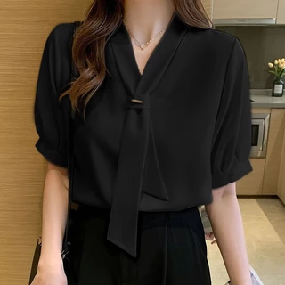 เสื้อผู้หญิง สไตล์เกาหลี แขนสั้น ผูกปุ่ม เหมาะใส่ทำงาน ใส่วันหยุด