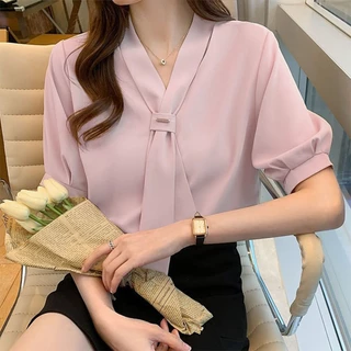 เสื้อผู้หญิง สไตล์เกาหลี แขนสั้น ผูกปุ่ม เหมาะใส่ทำงาน ใส่วันหยุด