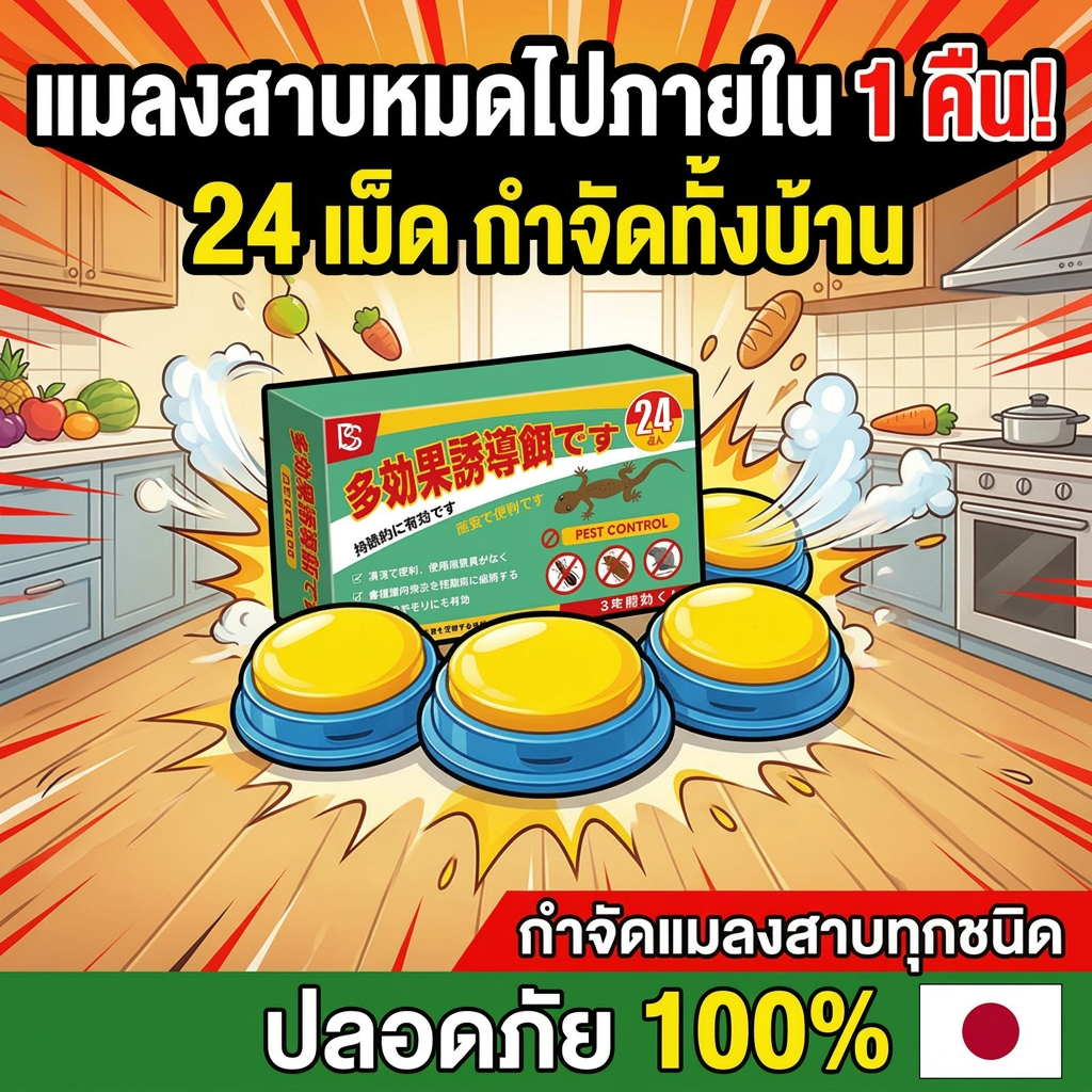 24 เม็ด วางเม็ดเดียวอยู่ได้ 3 ปี MINI ยาฆ่าแมลงสาบ ยากำจัดแมลงสาบ ไล่แมลงสาบ ฟิโพรนิล 0.5% และ โซลูชิน 4% ดึงดูดอย่างมีประสิทธิภาพ อัตราการตายสูงถึง 99.9% ผลิตภัณฑ์จากแบรนด์ญี่ปุ่น แมลงสาบ ไล่แมลงสาบ บ้านแมลงสาบ