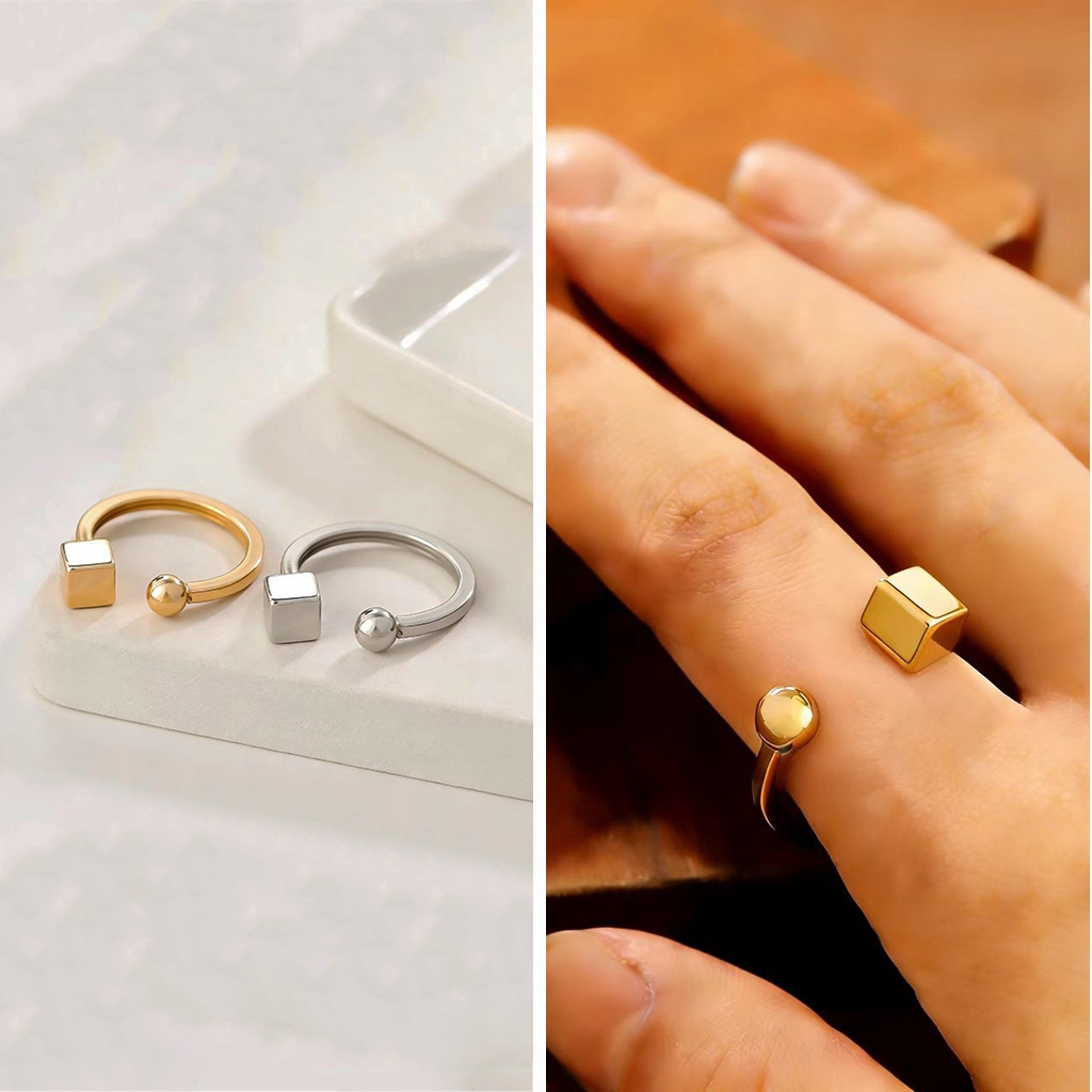 SHINY Geometric Body แหวนสแตนเลสปรับได้, กันน้ํากันเหงื่อจะไม่จางหาย, การออกแบบสามมิติสไตล์มินิมอล Sen