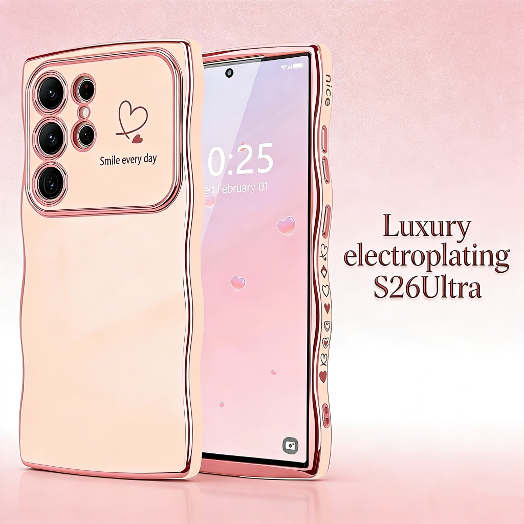 หรูหราชุบนุ่มสําหรับ Samsung Galaxy S26 PLUS S25 FE S24 S23 S22 Ultra 5G กรณีน่ารักคลื่นหยิกกรอบกรณีหัวใจรักรูปแบบฝาครอบโทรศัพท์กันกระแทก