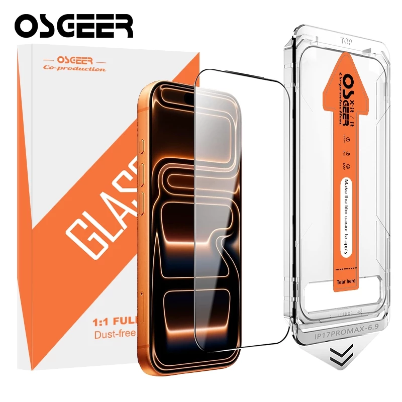 OSGEER ป้องกันหน้าจอกระจกนิรภัยเข้ากันได้กับ iPhone 18 17 Air 11 12 13 14 15 16e Pro Max, ฟิล์มกระจกพร้อมเครื่องมือติดตั้งไร้ฝุ่น