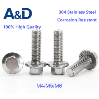 A&D M4/M5/M6 304 สแตนเลสสตีลหยักหน้าแปลนสลักเกลียว แบน Hex หัว Anti-Slip Anti-Loose Integrated เครื่องซักผ้าสนิมและทนต่อการกัดกร่อน