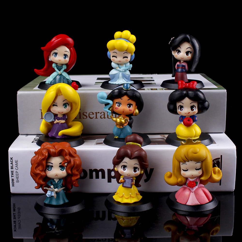 9 ชิ้น/เซ็ตการ์ตูนอะนิเมะรุ่น Q เจ้าหญิงหิมะสีขาว Ariel Aurora Bella Tangled Mulan Jasmine Cinderella Merida PVC Action Figure ตุ๊กตาของเล่น