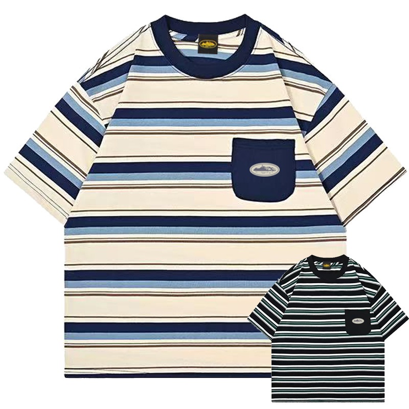 New Retro Street Wear Top Fashion Trend Striped Short Sleeve High Street Hip Hop Casual Loose T-Shirt Unisex