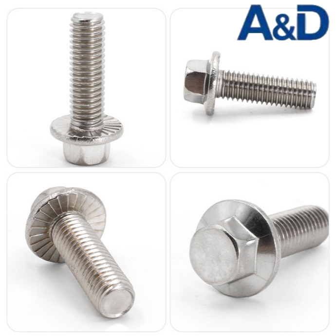 A&D M8/M10/M12 304 สแตนเลสสตีลหยักหน้าแปลนสลักเกลียว  แบน Hex หัว Anti-Slip Anti-Loose Integrated เครื่องซักผ้าสนิมและทนต่อการกัดกร่อน