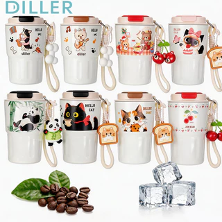 Diller Cat Tumbler Thermos Mug เคลือบเซรามิคเรียงรายถ้วยกาแฟฉนวนสูญญากาศสแตนเลส 340ml D9396