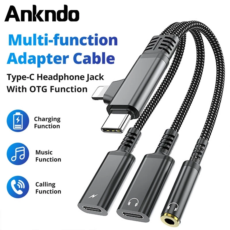 Ankndo 4 in 1 สายสัญญาณเสียง Fast Charging Type C ชาย Dual Type C 3.5 มม.หญิงสายแปลงสําหรับ iP 15 16 Samsung