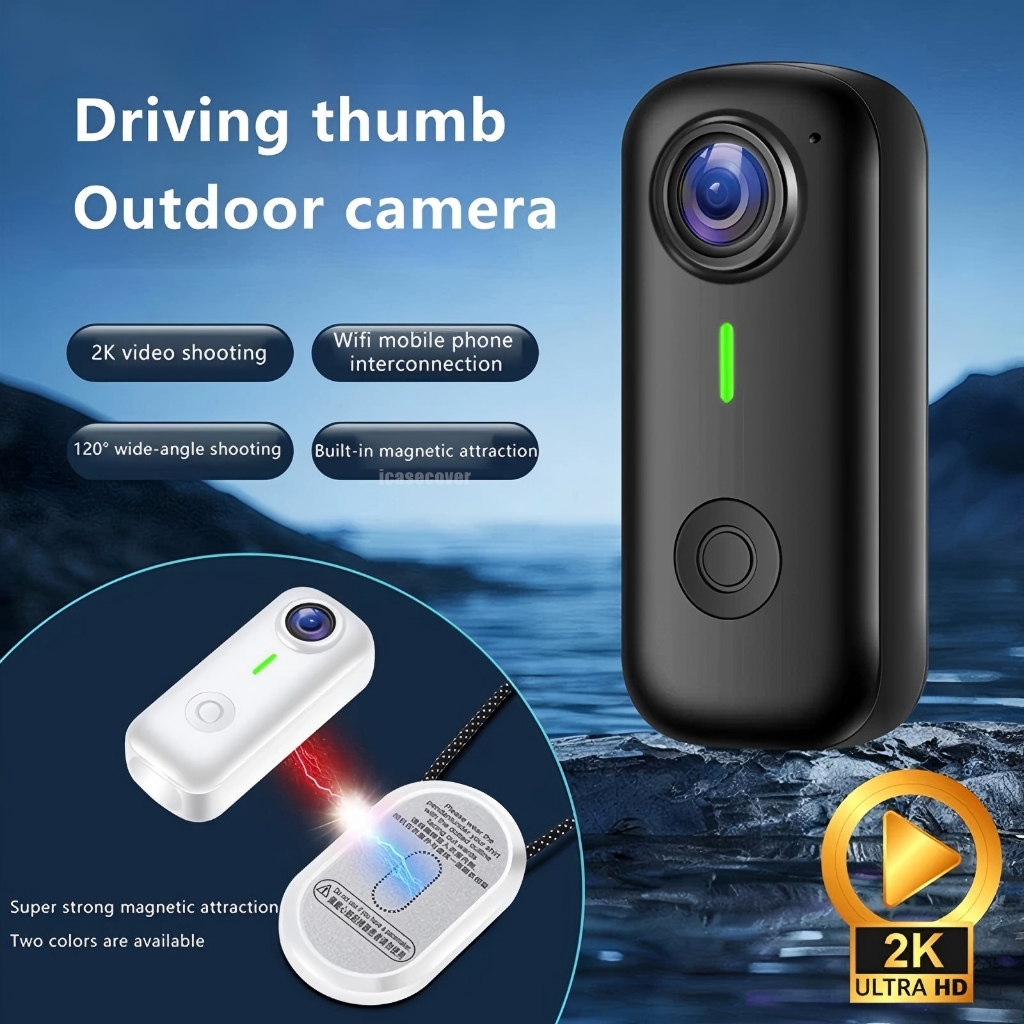 Icasecover Mini Action Camera 2K Magnetic Sports Camera Thumb Camera WiFi 120° มุมกว้างสมาร์ทป้องกันการสั่นโหมดภาพสดกล้องรถจักรยานยนต์