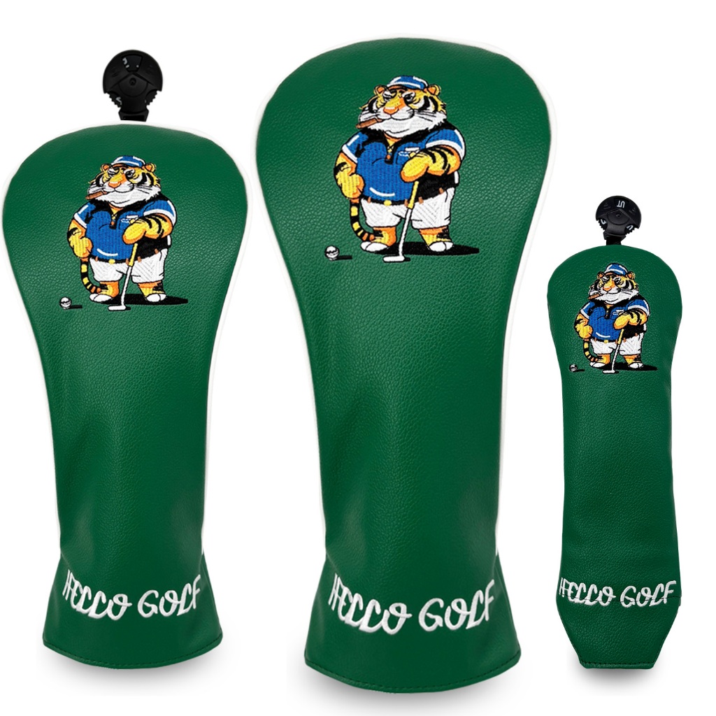 Green Tiger Pattern Golf Club Head Cover, PU Golf Headcover สําหรับ Driver, Fairway และ Hybrid, Golf