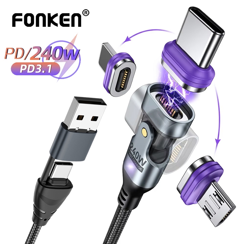 Fonken 2 in 1 PD240W USB-A Type-C สายชาร์จแม่เหล็กเป็น Micro Type-C iOS 180° สายเคเบิลข้อมูลแบบหมุนได้สําหรับแท็บเล็ตโทรศัพท์