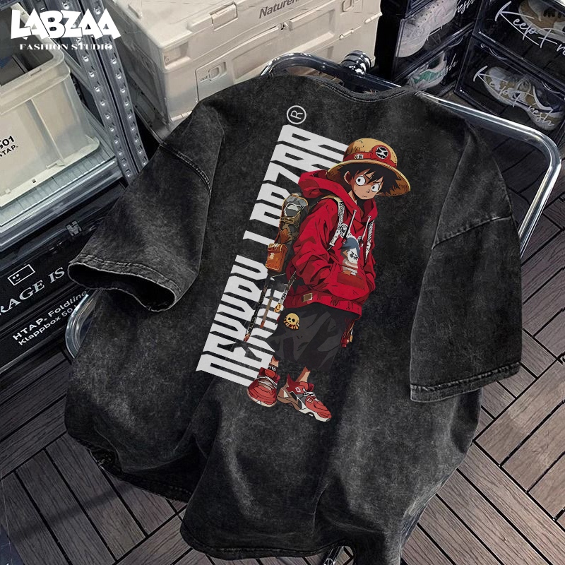 วันพีช One Piece เสื้อยืดผ้าฟอก oversize สไตล์ย้อนยุคแบบอเมริกัน แขนสั้นผู้ชาย ใส่สบาย YG1057