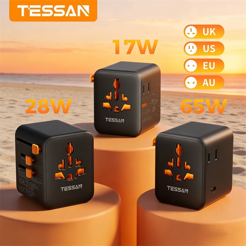 TESSAN Universal Travel Adapter อะแดปเตอร์ปลั๊กไฟ 5.6A USB C 3 พอร์ต และ USB 2 พอร์ต ชาร์จติดผนัง
