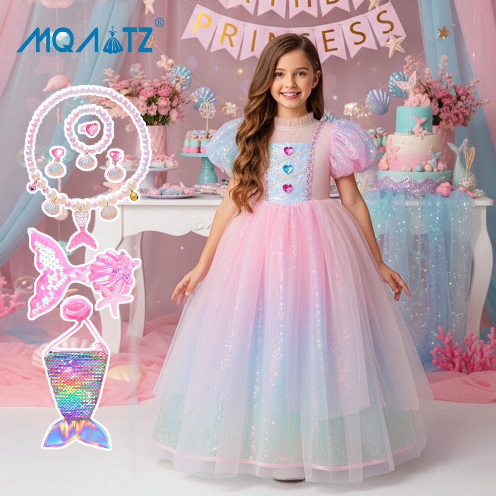 Mqatz สีชมพูสาวคอสเพลย์ชุดแขนสั้นเด็กเครื่องแต่งกายลูกไม้วันเกิดชุดเจ้าหญิงพรรค ASMR092