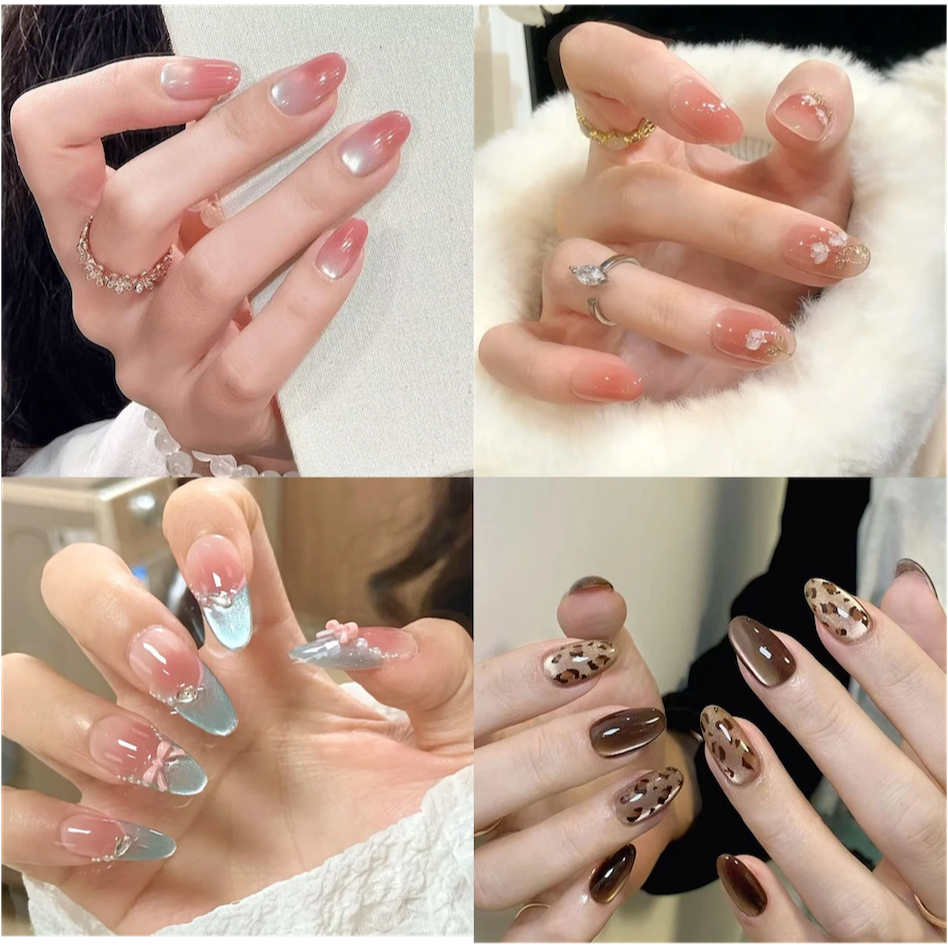 SOPHIAURA เล็บปลอมพร้อมกาวฟรีเล็บสั้นเล็บอัลมอนด์การออกแบบตาแมวสีขาว Nude Red เครื่องประดับสงกรานต์ กันน้ำ