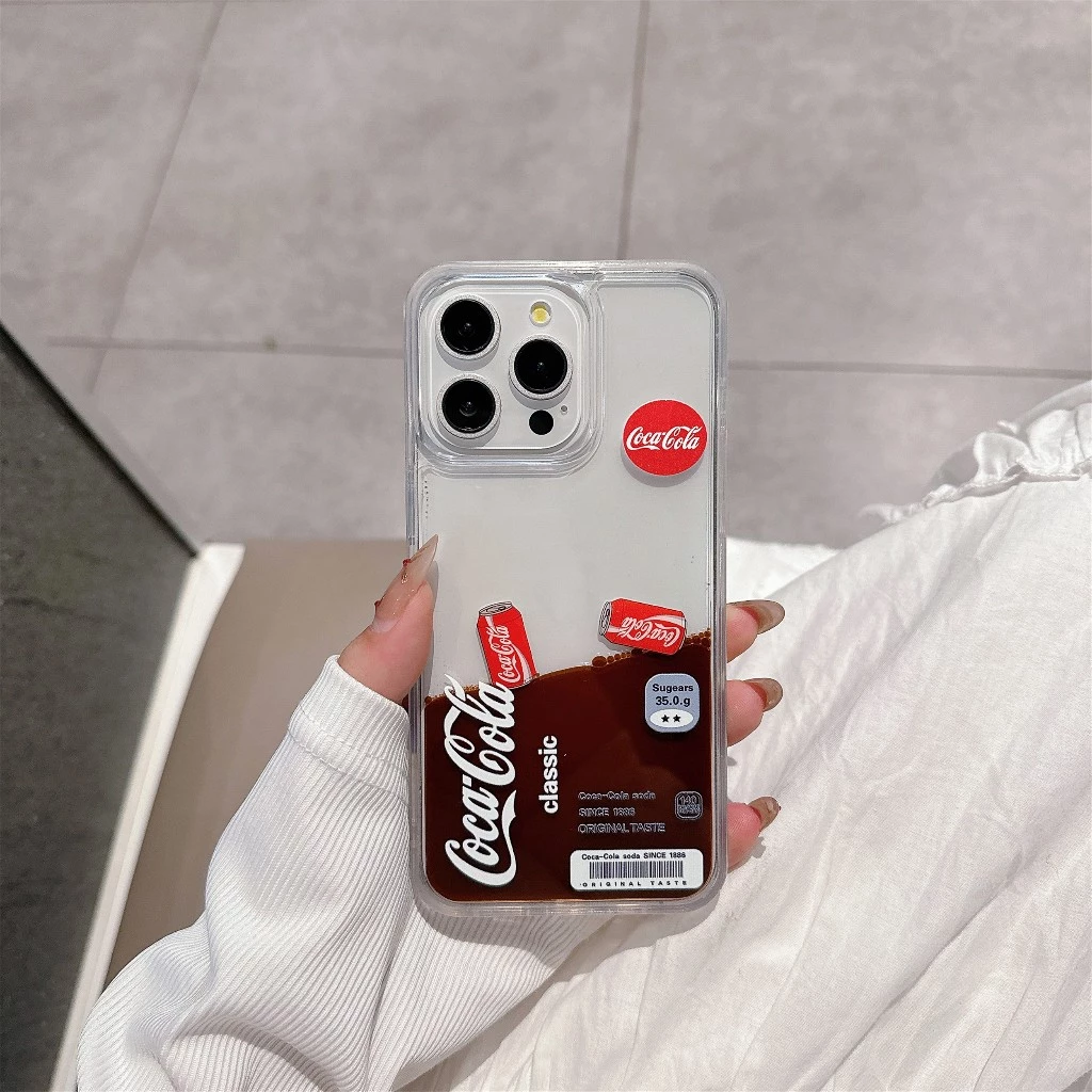 แฟชั่น Float Coca Cola Flow Liquid Quicksand เคสโทรศัพท์สําหรับ IPhone 15 14 13 12 11 Pro Max 15 14 Plus อะคริลิค Hard PC ฝาหลังกันกระแทกป้องกันปลอก