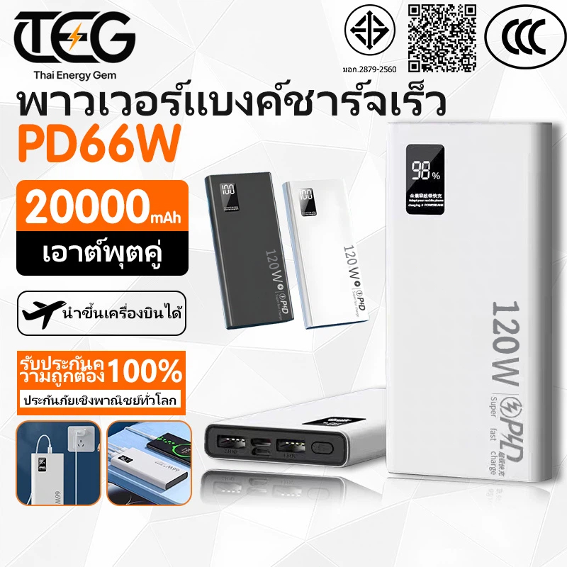 【CCC+TISI 】ชาร์จเร็วสุด 120W แบตเตอรี่ความจุสูง 20000mAh Powerbank แบตเตอรี่สำรองแบบพกพา มาพร้อมเซลล์ไฟฟ้าที่ปลอดภัย ชาร์จเร็วแบบสองทาง หน้าจอแสดงระดับพลังงาน LED ดิจิตอล