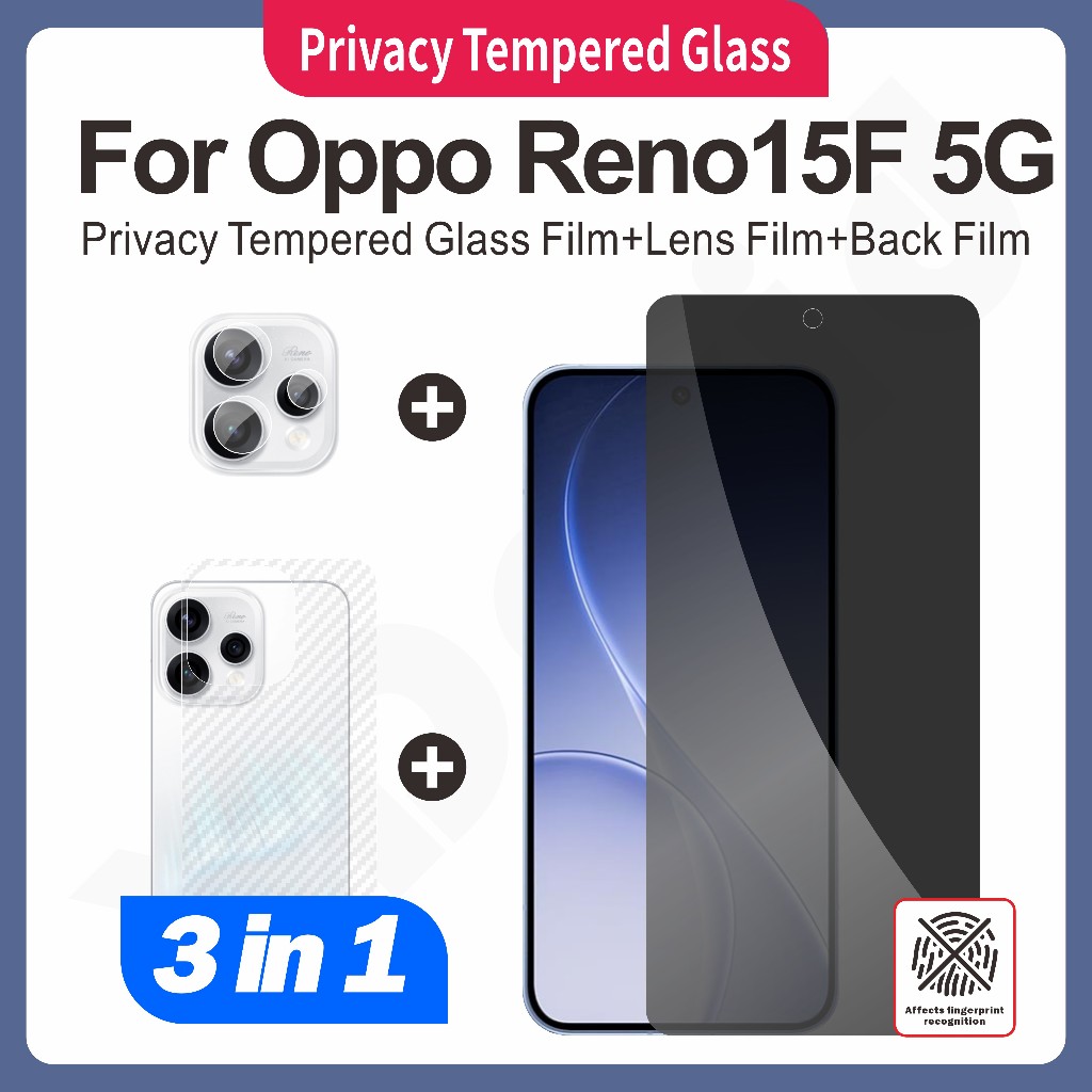 เหมาะสําหรับชุด Oppo Reno15F 5G 3-in-1 | กระจกนิรภัยความละเอียดสูง隐私ฝ้าเซรามิกนุ่ม+เลนส์กล้อง+หลังคาร์บอนไฟเบอร์