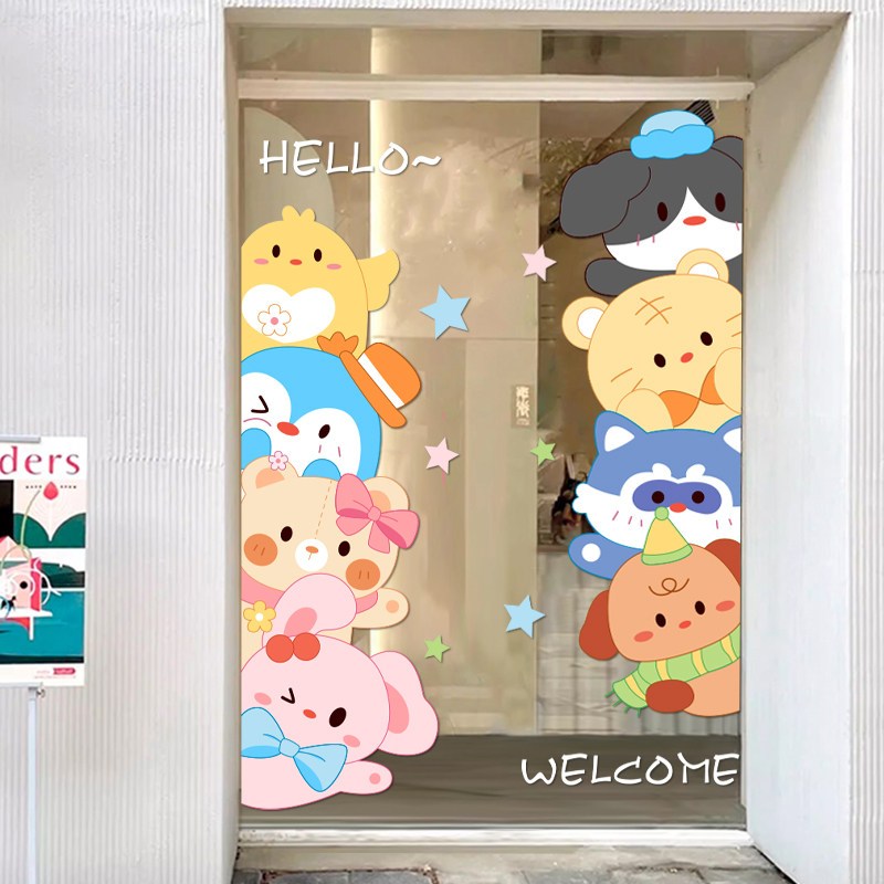 ทั้งด้านการ์ตูนสัตว์ขนาดเล็กรูปแบบสติกเกอร์คาเฟ่ตกแต่งร้านสติกเกอร์ประตูกระจกพีวีซีสติ๊กเกอร์หน้าต่างไร้กาว