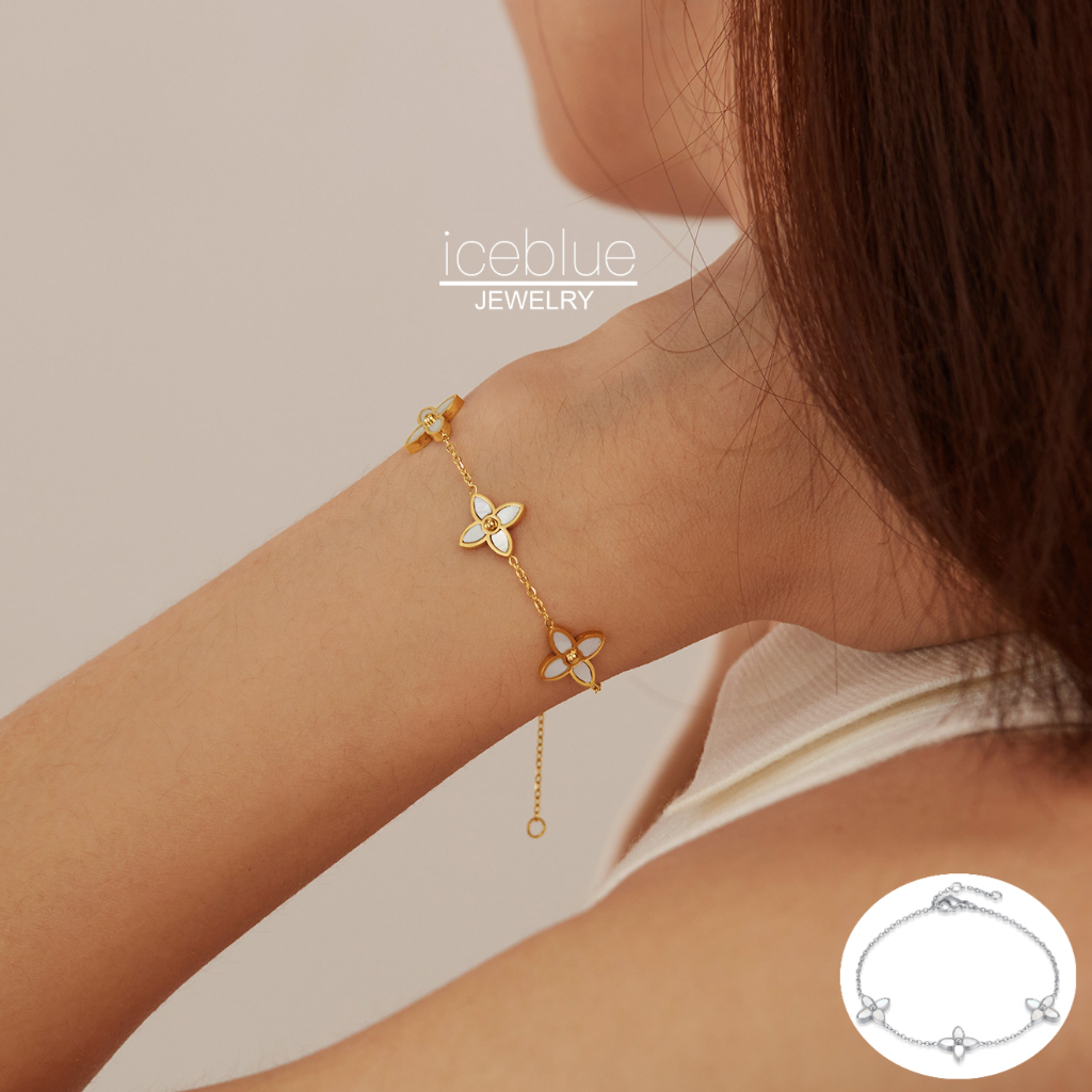 Iceblue-Clover Chain สร้อยข้อมือสแตนเลสไทเทเนียมเหล็กสีขาว 18K Gold Plated Hypoallergenic กันน้ํา Non Tarnish INS สไตล์แฟชั่นเครื่องประดับสร้อยข้อมือผู้หญิง B60
