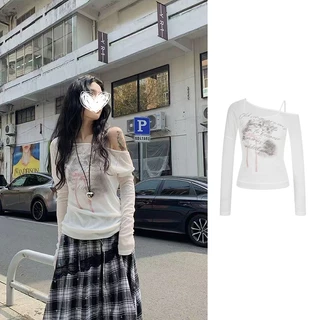 MOSESQUEEN เสื้อพิมพ์ปิดไหล่แบบไม่สมมาตร ดีไซน์น่าสนใจ สวมใส่สบายและระบายอากาศได้ดี เหมาะสำหรับสวมใส่วันธรรมดา #63540