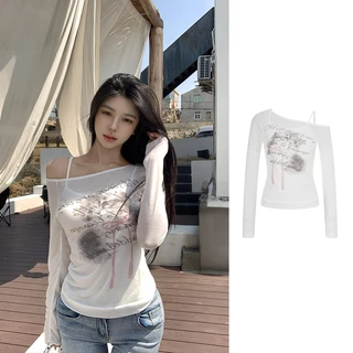 MOSESQUEEN เสื้อพิมพ์ปิดไหล่แบบไม่สมมาตร ดีไซน์น่าสนใจ สวมใส่สบายและระบายอากาศได้ดี เหมาะสำหรับสวมใส่วันธรรมดา #63540