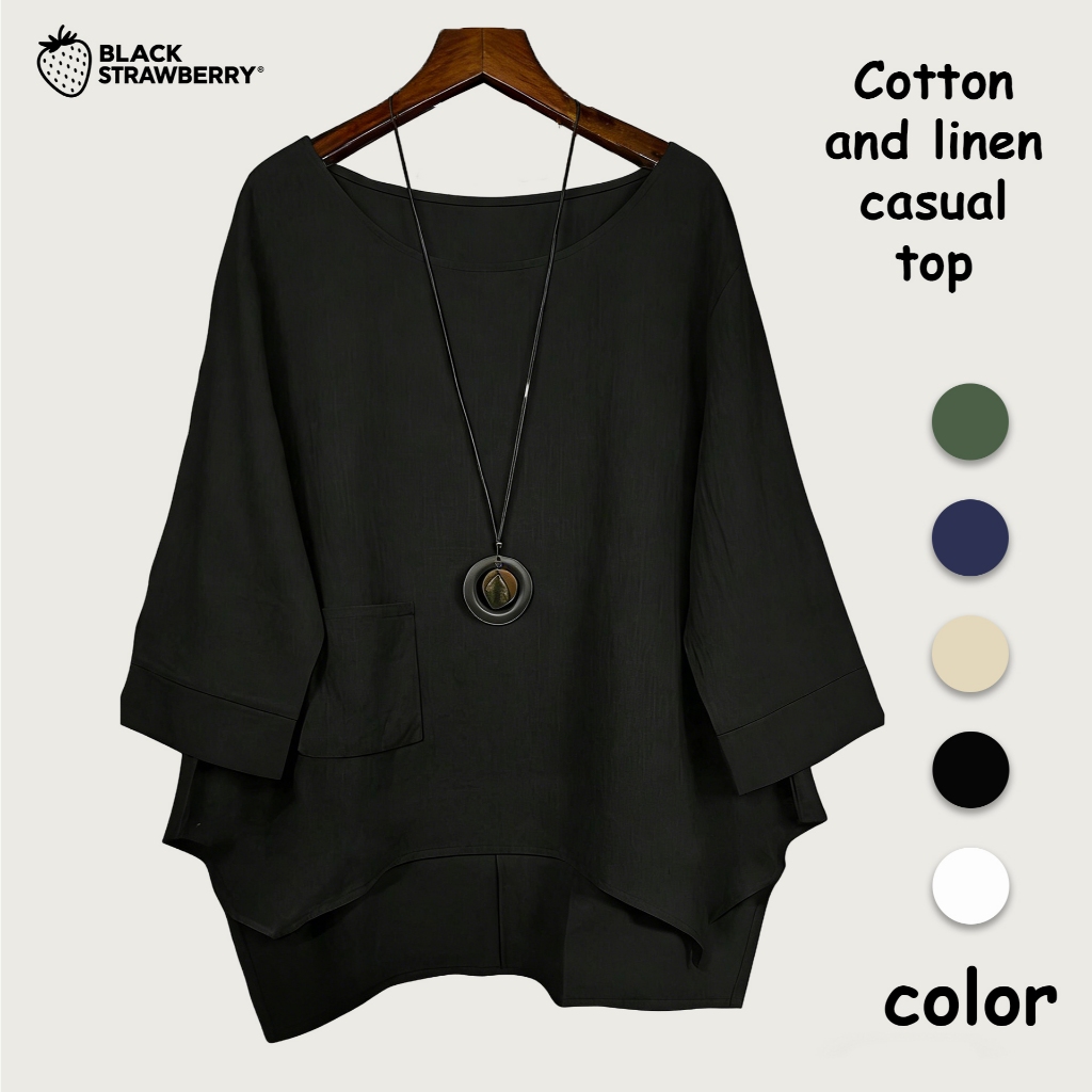 เสื้อลินินสตรอเบอร์รี่สีดำสไตล์ลำลอง คอรอบค้อม แขนไม่สม่ำเสมอ ใส่สบาย
