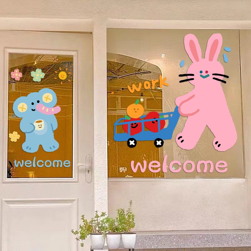 ยินดีต้อนรับ การ์ตูนสัตว์ขนาดเล็กรูปแบบสติกเกอร์ร้านชานมตกแต่งสติกเกอร์ประตูกระจกพีวีซีสติกเกอร์หน้าต่างไร้กาว