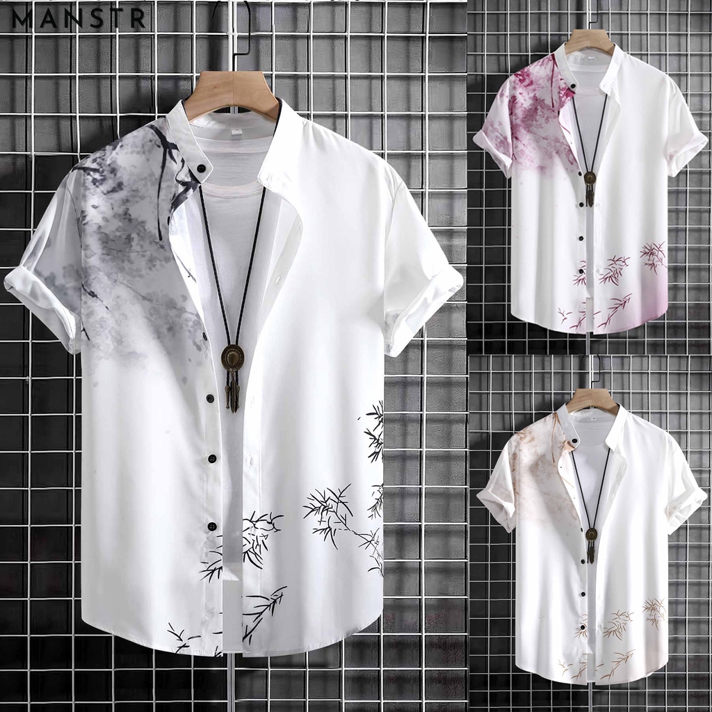 MANSTR ใหม่ผู้ชายย้อนยุคยืนปกแขนสั้นปุ่มผ้าฝ้ายสีทึบเสื้อเชิ้ตลายดอกไม้ลําลองขนาดบวกเสื้อเชิ้ตผู้ชาย