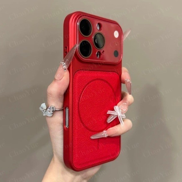 เคสโทรศัพท์หรูสีแดง ลายผิวลิ้นจี่ ขนาดใหญ่ พร้อมการชาร์จไร้สายแบบแม่เหล็ก สำหรับ iPhone 17 16 15 14 13 12 11 Pro Max เคสกันกระแทก ปกป้องกล้อง ป้องกันการตก เคสด้านหลังแข็ง