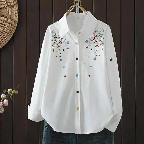 CP 2026 ฤดูใบไม้ผลิใหม่สไตล์เสื้อแขนยาวผู้หญิงปักดอกไม้ปกผู้หญิงหลวม All-Match เสื้อ