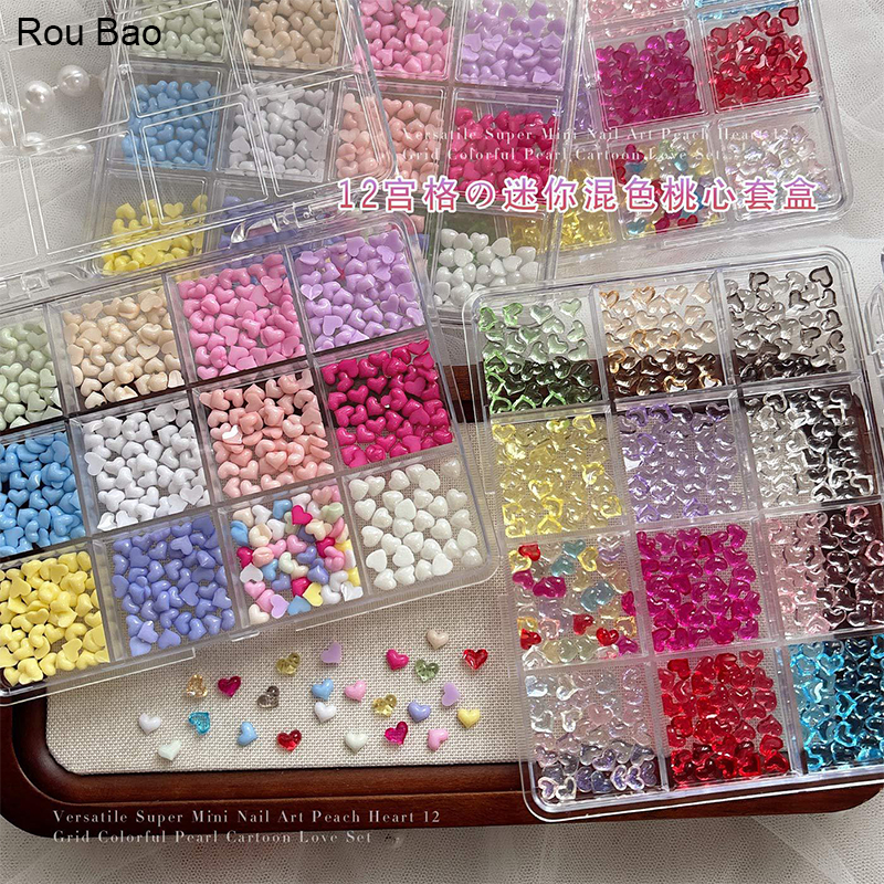 Rou Bao 12 กริดเล็บผสมสีสัน Mini Heart Girly เรซิ่นเล็บ Art DIY Charms ตกแต่ง