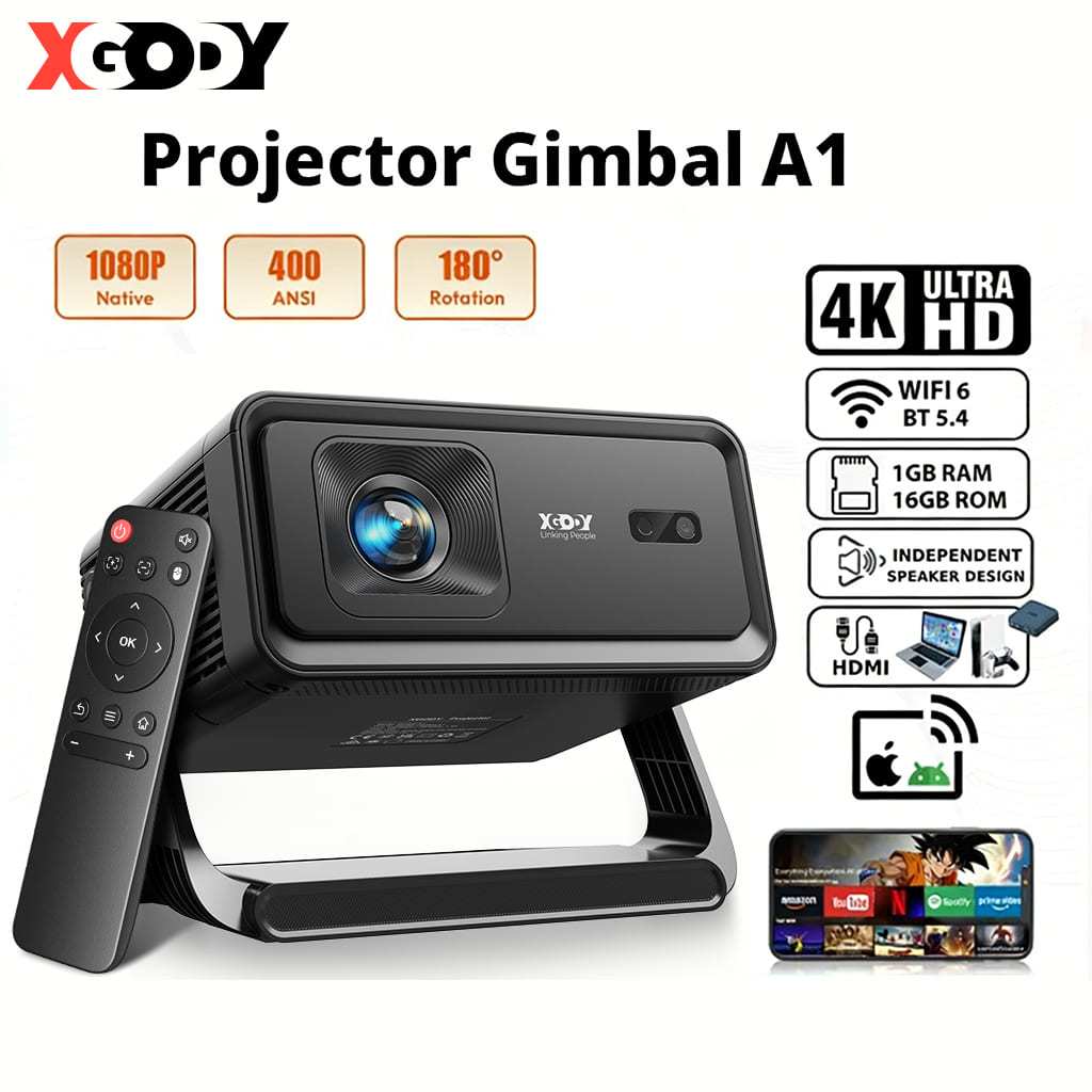 XGODY โปรเจคเตอร์พกพาสมาร์ท  Gimbal A1 แรม 1+16GB ความสว่าง 400 ANSI ถอดรหัส 4K/8K ความละเอียด 1080P