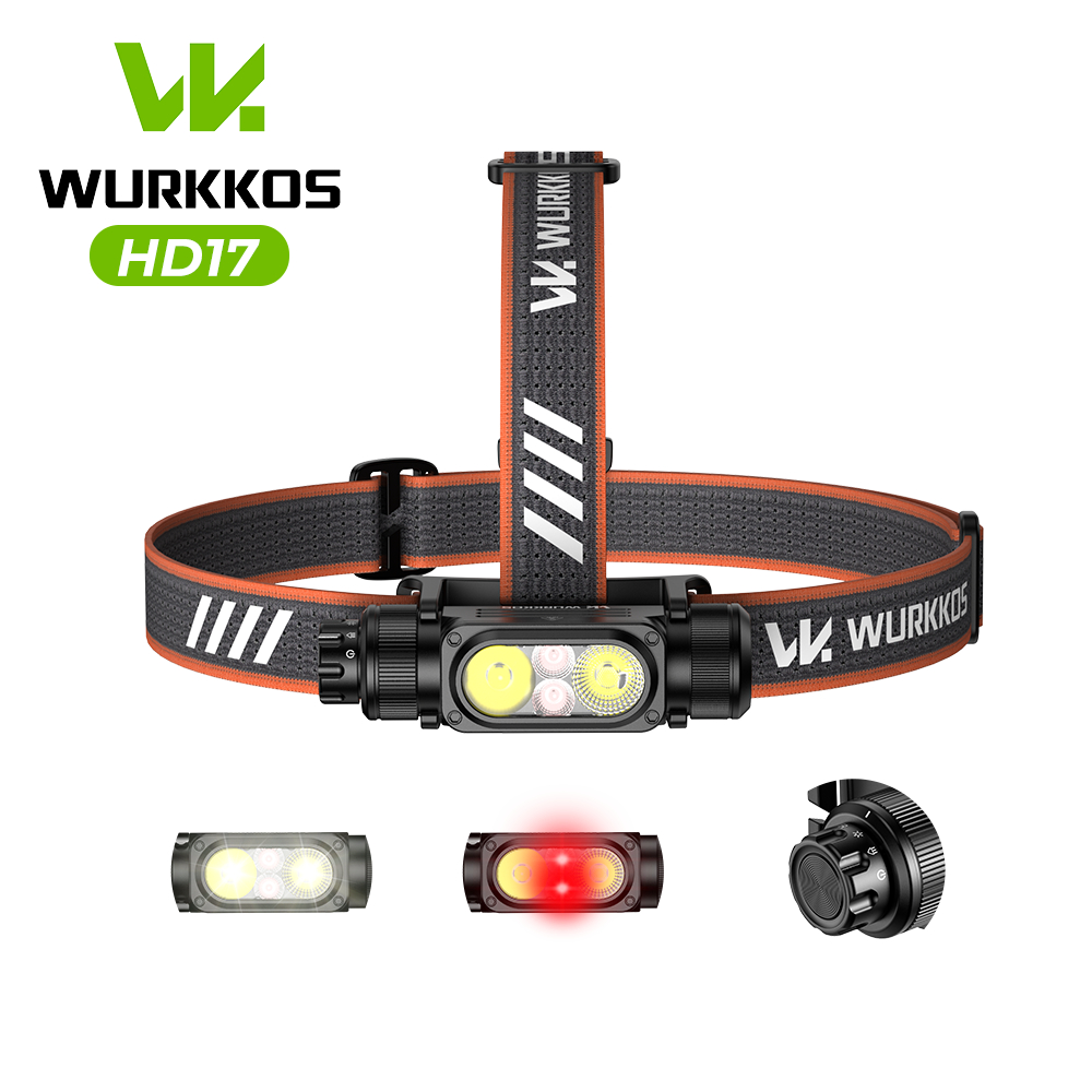 WURKOS HD17 ไฟหน้า LED พกพา 2500 lumens ปรับมุม 180° ใช้งานได้นานด้วยแบตเตอรี่ 18650 สำหรับตั้งแคมป์