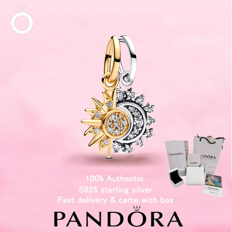 (182)ใหม่ PANDORA S925 เครื่องประดับเงินสเตอร์ลิงของขวัญวันวาเลนไทน์ Top Choice Splittable Sun & Moon Dangle Charm