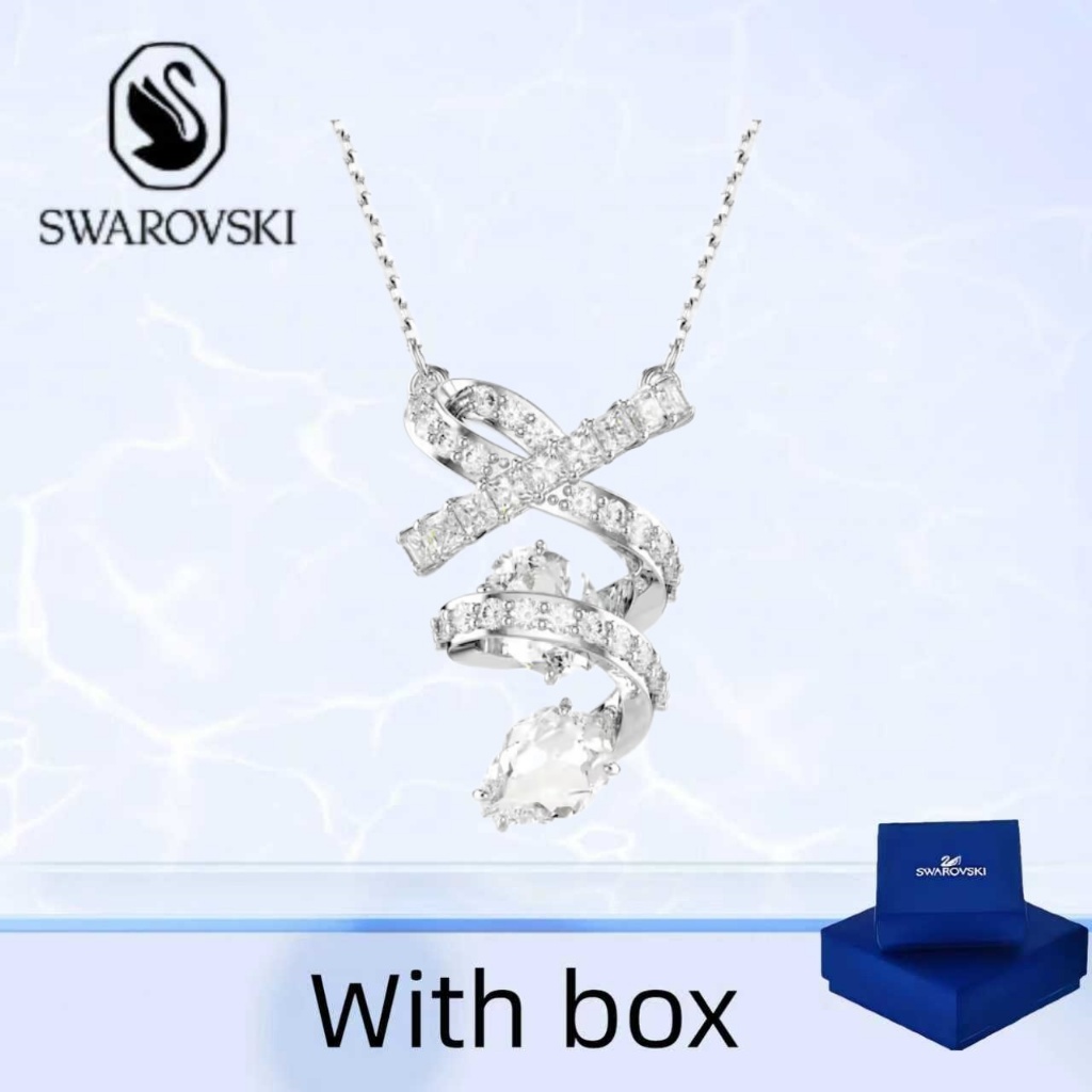 SWAROVSKI สวารอฟสกี้ (พร้อมกล่อง) ซื้อสร้อยคอเครื่องประดับเงินแท้ ไฮเปอร์โบลา ชุบโรเดียมสีขาวผสมตัดส่วนบุคคลสร้อยคอจี้เกลียว