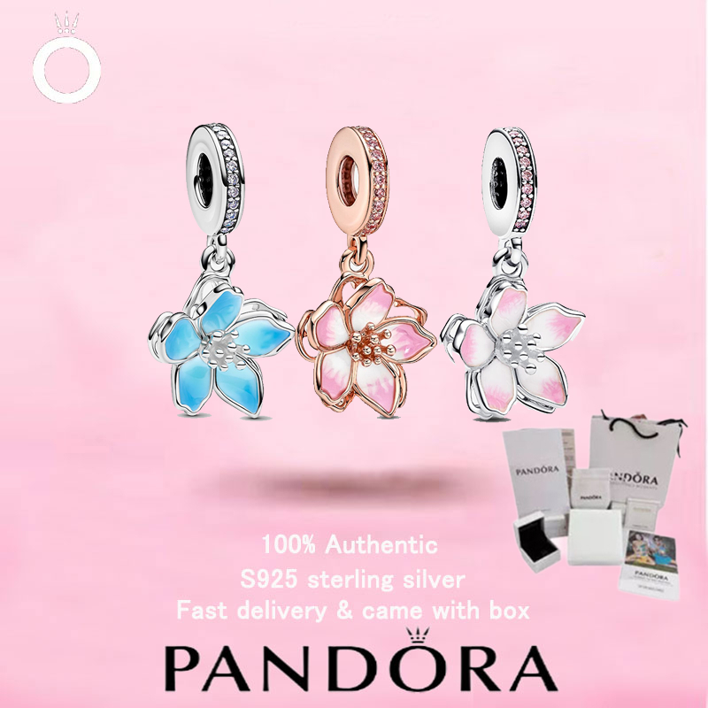 (185)New PANDORA S925 เครื่องประดับเงินสเตอร์ลิงของขวัญวันวาเลนไทน์ Top Choice Cherry Blossom Dangle Charm