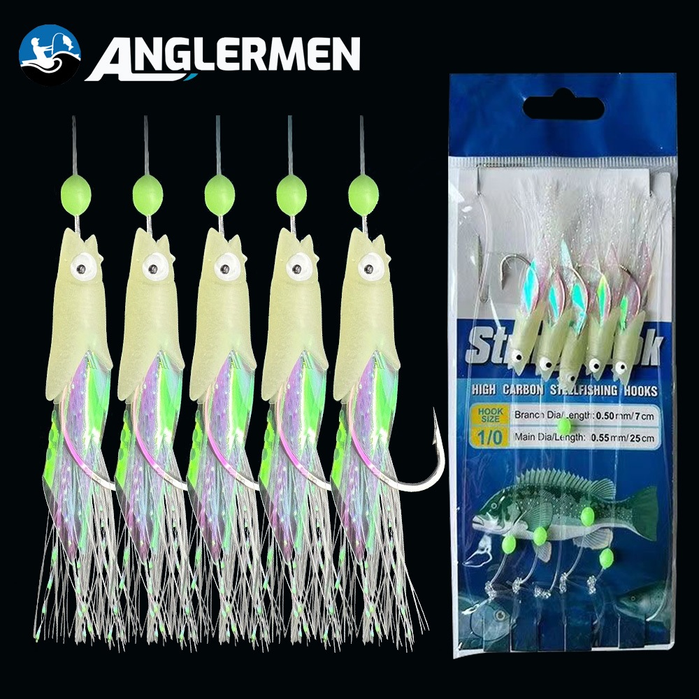 ANGLERMEN Sabiki Rig พร้อมหัวจิ๊กเรืองแสง 5 ตะขอน้ําเค็มและน้ําจืดตกปลา Lure Artifial เหยื่อ