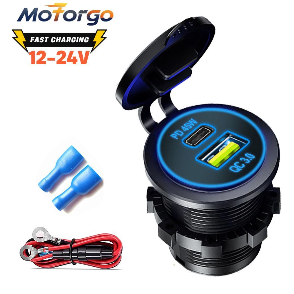 60W Car Charger Socket PD3.0 & QC3.0 พอร์ต USB C คู่ Fast Charging กันน้ํา 12 V/24 V สําหรับรถบรรทุกเรือ Moto อะแดปเตอร์