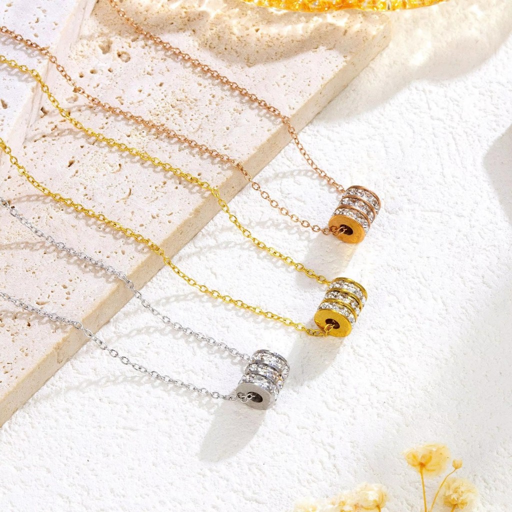 สร้อยคอสแตนเลส จี้ทรงกระบอกประดับเพชร เรียบหรูสไตล์เกาหลี ไม่ลอกไม่ดำ Luxury Zircon Cylinder Necklac