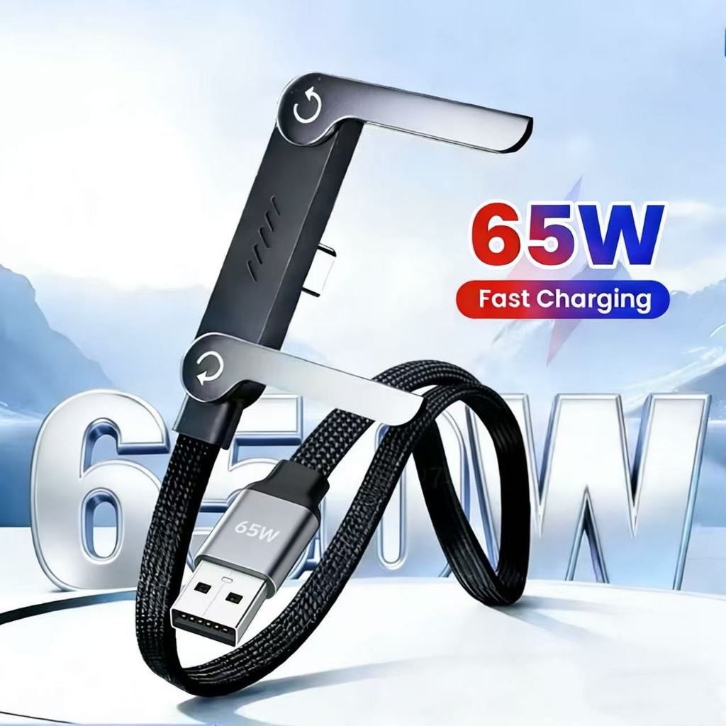 Elough 65W พับได้ Bracket Data Cable 2 in 1 USB A To Type C Cable Fast Charging Dual Type C สายไฟ 1M 1.5M ในตัวพร้อมที่วางโต๊ะ
