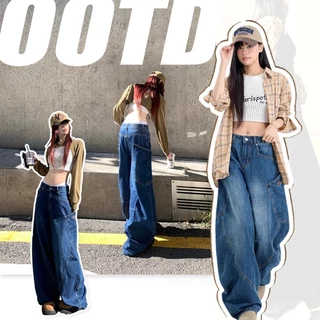 🔥Nova-Urban🔥 กางเกงยีนส์ทรงหลวมสไตล์วินเทจสำหรับผู้ชาย ทรงมีดโค้ง ผ้าเนื้อนุ่มคุณภาพสูง เอวติดกระดุม กระเป๋าใหญ่ แฟชั่นทันสมัย สไตล์สตรีทฮิปฮอป ใส่ได้ทั้งชายและหญิง