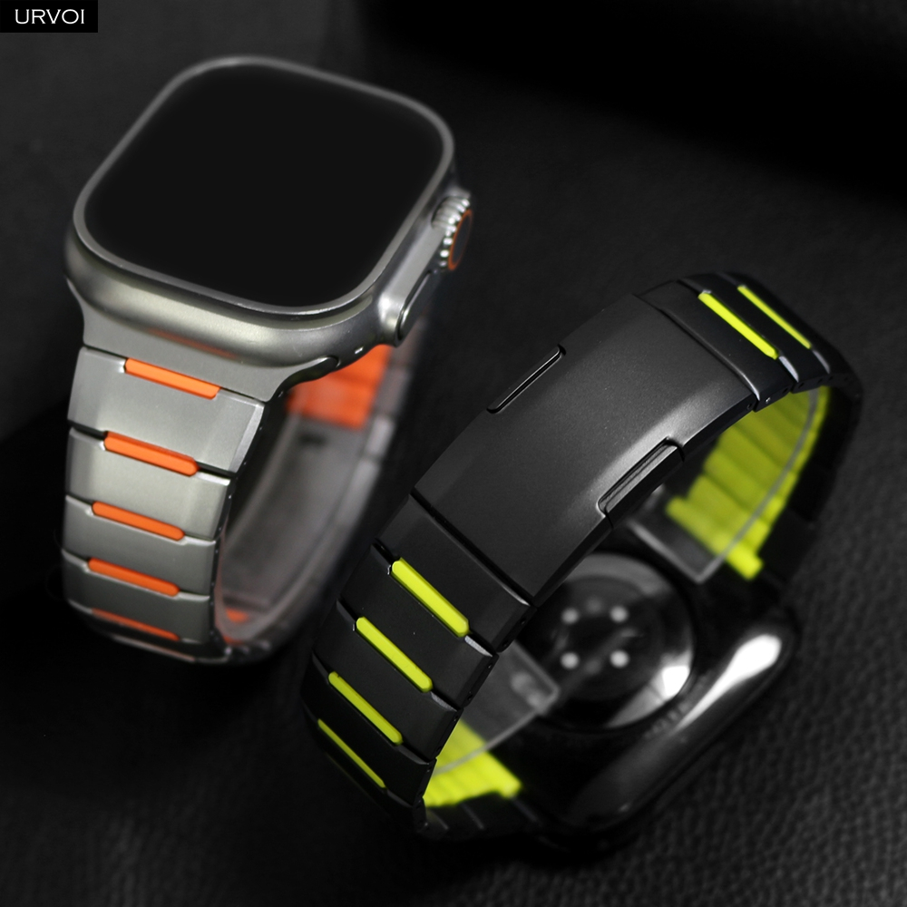 สาย URVOI สําหรับ Apple Watch Ultra 3 2 Series 11 10 9 8 7 6 SE สายสแตนเลสอย่างดีพร้อมซิลิโคนคุณภาพ พับหัวเข็มขัดแบบกําหนดเอง