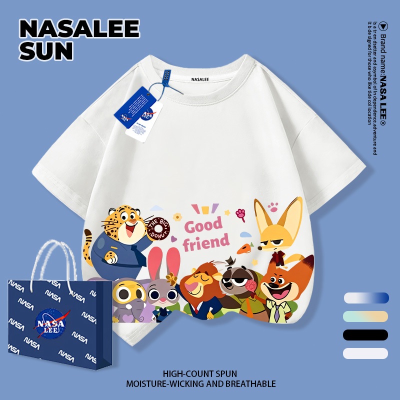 【จัดส่งวันเดียวกัน】เสื้อยืดแขนสั้นเด็ก NASA ผ้าฝ้ายสีขาวนุ่มสบาย ลายสุนัขจิ้งจอก กระต่าย และผองเพื่อน สำหรับเด็กชาย-เด็กหญิงอายุ 3-16 ปี