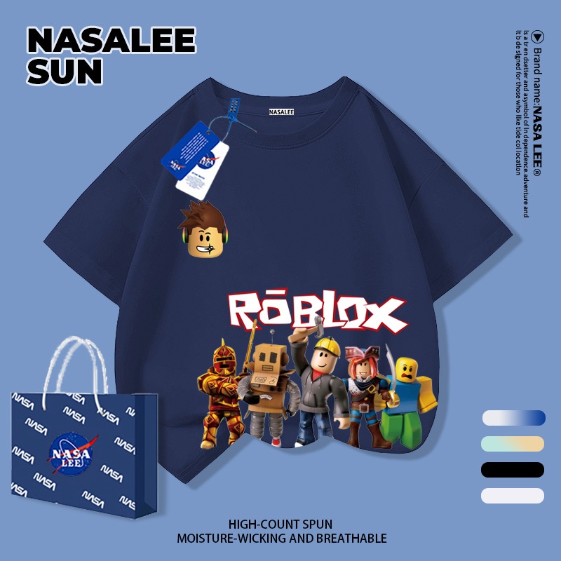 【ส่งจากกรุงเทพฯ】เสื้อยืดผ้าฝ้ายสำหรับเด็ก NASA สีกรมท่า พิมพ์ลายตัวต่อ 3-16 ปี เด็กผู้ชายและเด็กผู้หญิง เปิดเทอมฤดูร้อน ทรงหลวม แขนสั้น