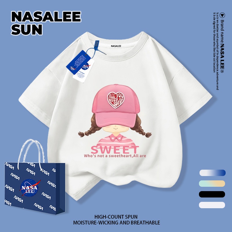 【ส่งจากกรุงเทพฯ】เสื้อยืดผ้าฝ้ายสำหรับเด็ก NASA สีขาว พิมพ์ลายเกิร์ลลี่สุดชิค 3-16 ปี เด็กผู้หญิง เปิดเทอมฤดูร้อน ทรงหลวม แขนสั้น