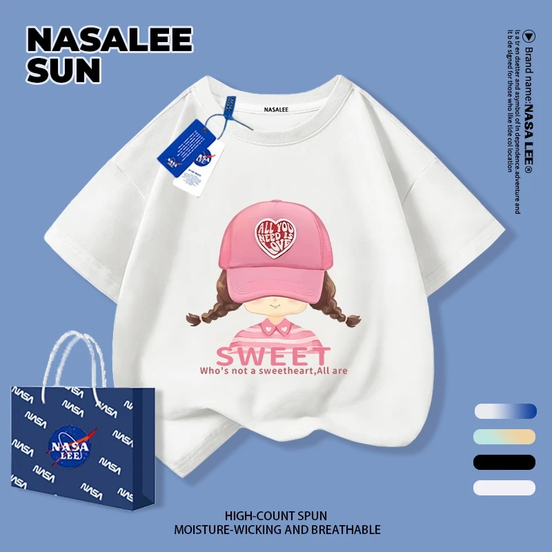 【ส่งจากกรุงเทพฯ】เสื้อยืดผ้าฝ้ายสำหรับเด็ก NASA สีขาว พิมพ์ลายเกิร์ลลี่สุดชิค 3-16 ปี เด็กผู้หญิง เปิดเทอมฤดูร้อน ทรงหลวม แขนสั้น
