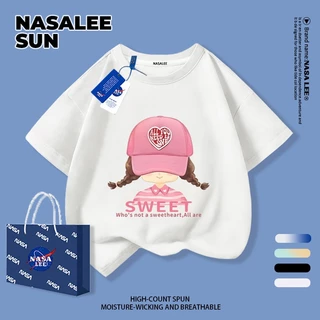 【ส่งจากกรุงเทพฯ】เสื้อยืดผ้าฝ้ายสำหรับเด็ก NASA สีขาว พิมพ์ลายเกิร์ลลี่สุดชิค 3-16 ปี เด็กผู้หญิง เปิดเทอมฤดูร้อน ทรงหลวม แขนสั้น