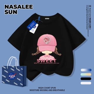 【ส่งจากกรุงเทพฯ】เสื้อยืดผ้าฝ้ายสำหรับเด็ก NASA สีขาว พิมพ์ลายเกิร์ลลี่สุดชิค 3-16 ปี เด็กผู้หญิง เปิดเทอมฤดูร้อน ทรงหลวม แขนสั้น